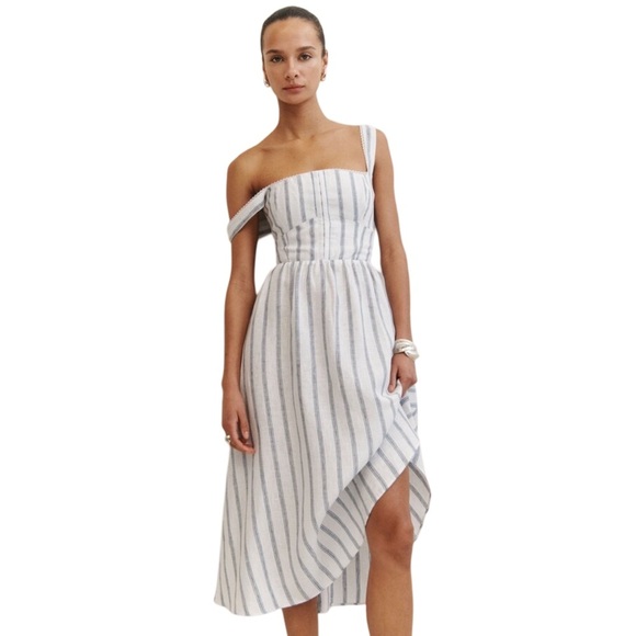 Reformation Women's Tagliatelle Linen Midi Dress - Harbor Stripe | NWT | Size 8 - Picture 1 of 16